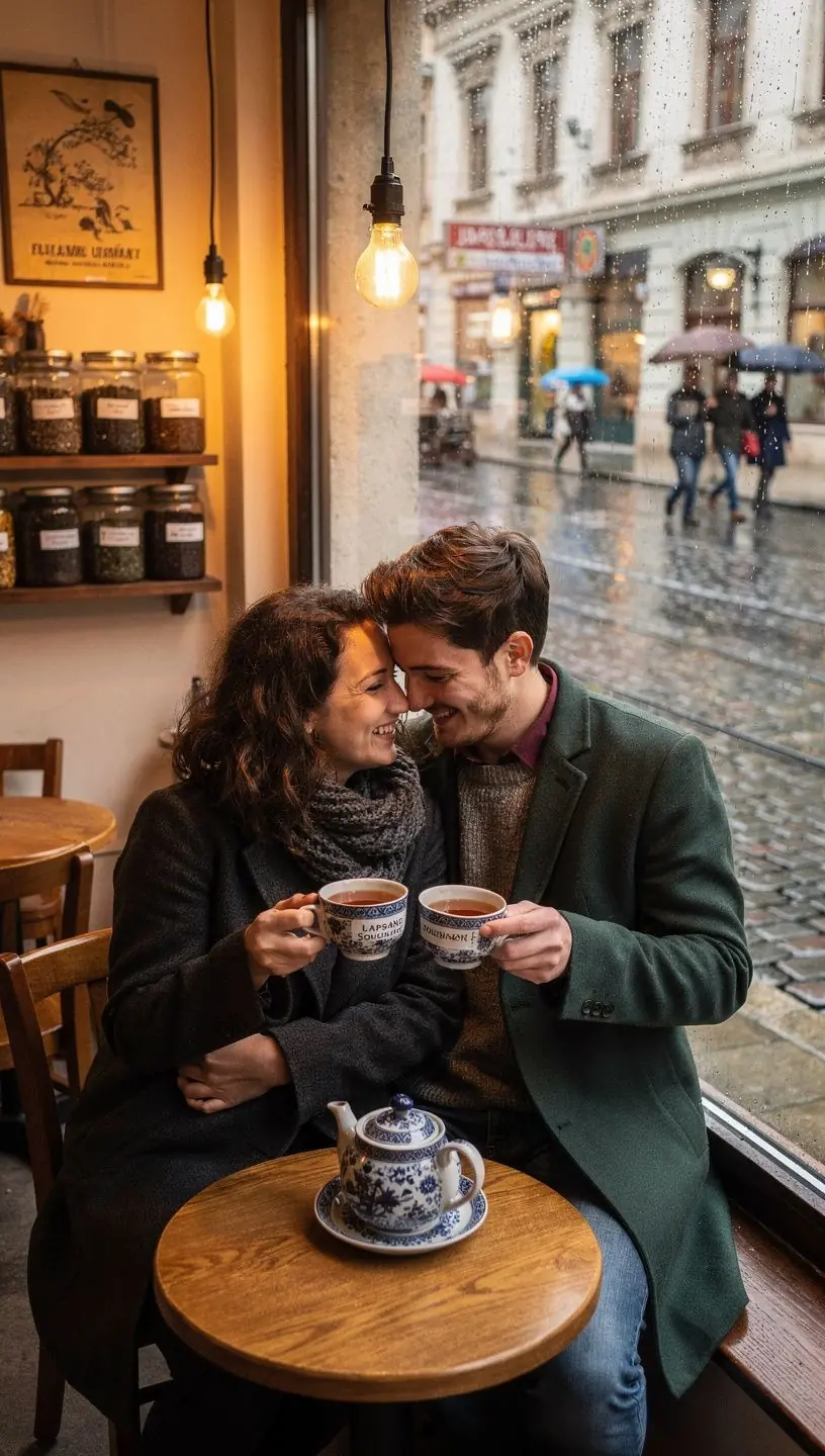 Tálca füstös Lapsang Souchong teával, körülötte elegáns teáscsészék.