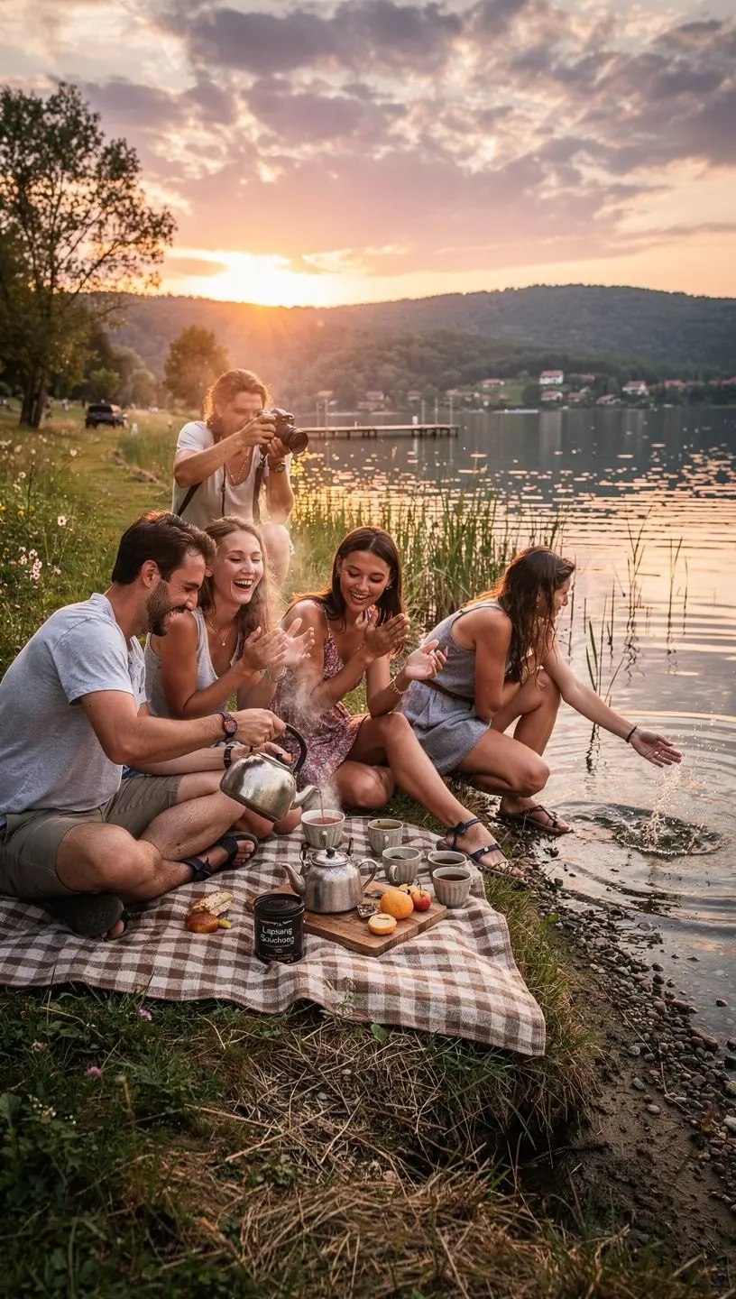 Füstös ízű Lapsang Souchong tea levelek, amelyek gazdag aromát sugároznak.