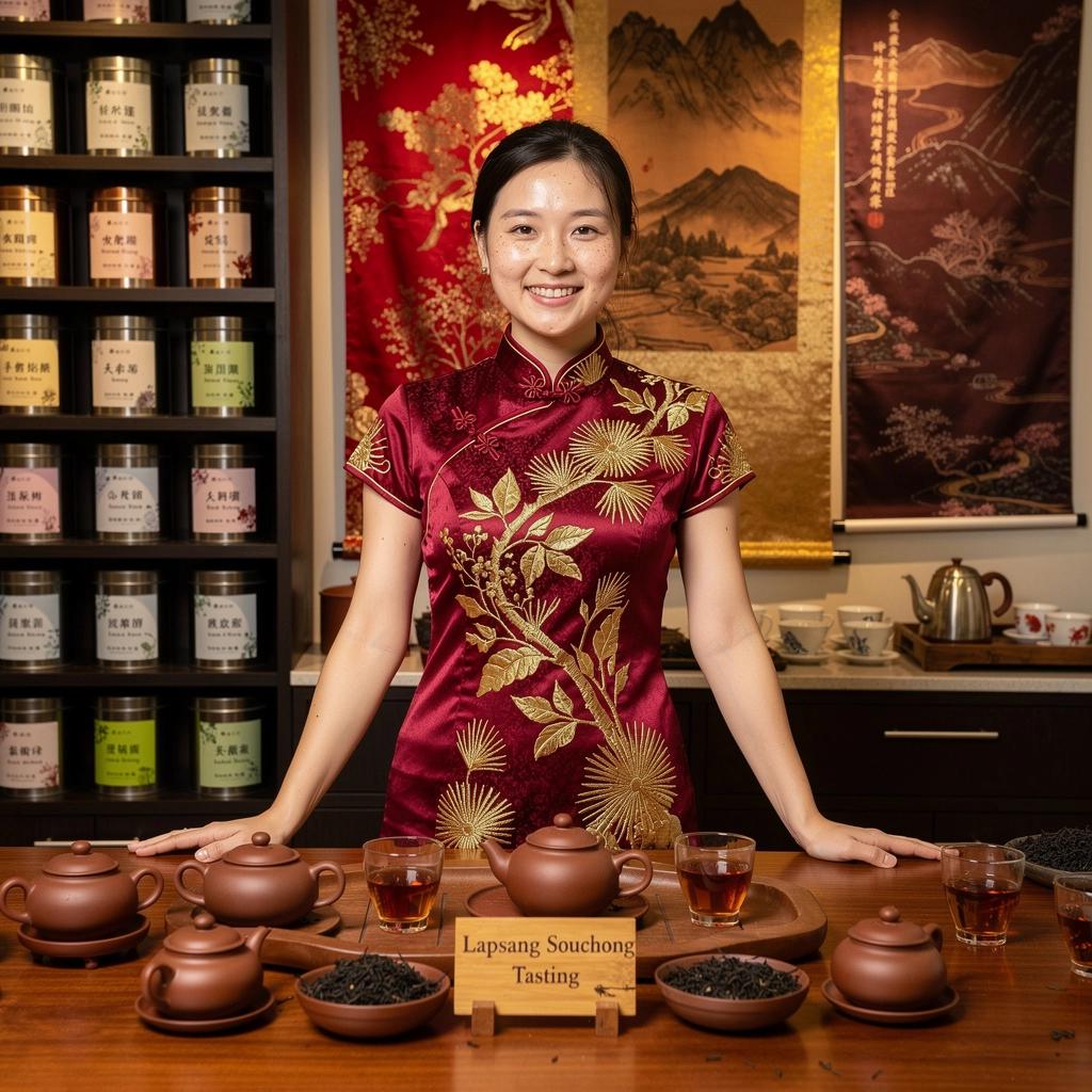 Díszes teáscsésze, tele Lapsang Souchong tea, füstös ízekkel és illatokkal.